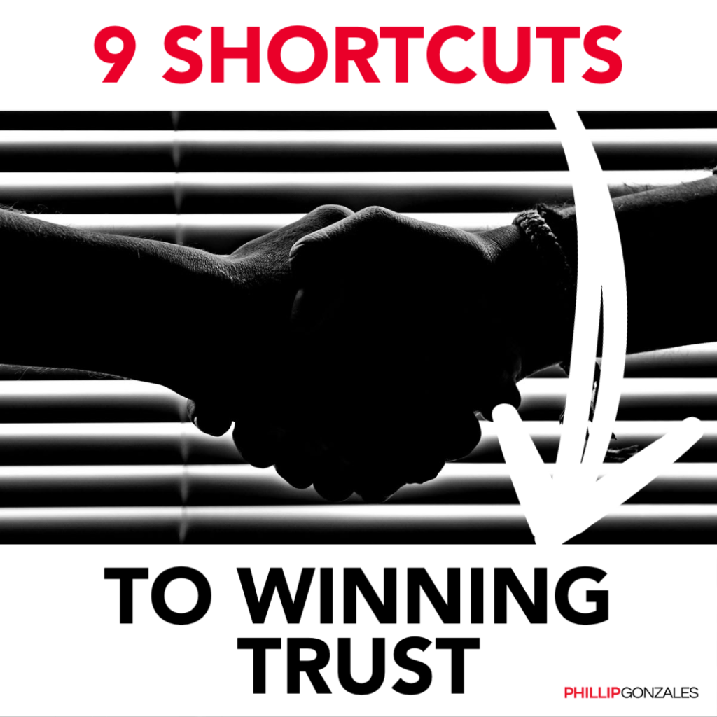 Picture of two hands shaking with a text that says 9 shortcuts to winning trust and an arrow